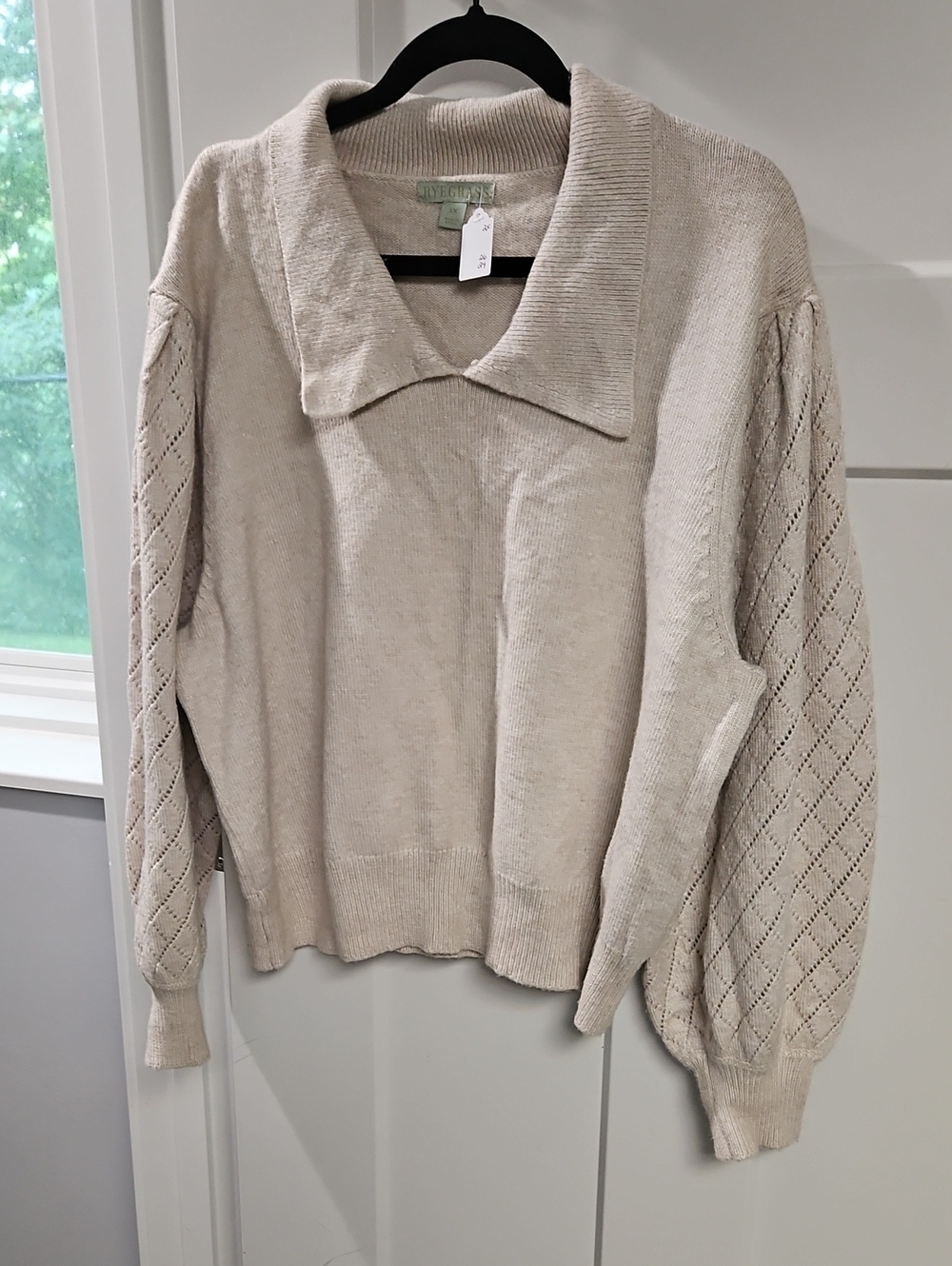 Neutral Cream Openwork Sleeve Collared Knit Sweater